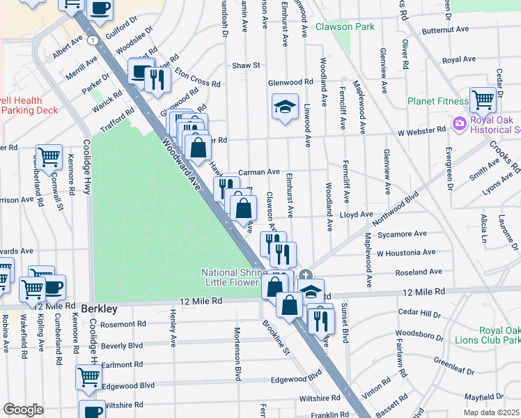 map of restaurants, bars, coffee shops, grocery stores, and more near 2125 Clawson Avenue in Royal Oak
