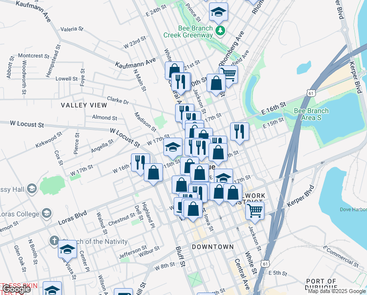map of restaurants, bars, coffee shops, grocery stores, and more near 1504 Iowa Street in Dubuque