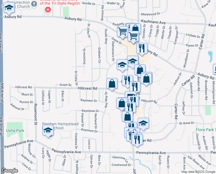 map of restaurants, bars, coffee shops, grocery stores, and more near 3460 Hillcrest Road in Dubuque
