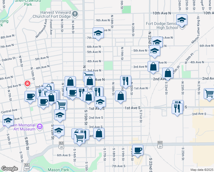 map of restaurants, bars, coffee shops, grocery stores, and more near 1707 1st Avenue North in Fort Dodge