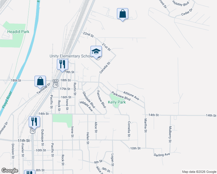 map of restaurants, bars, coffee shops, grocery stores, and more near 1600-1698 Carlin Ave in Sioux City