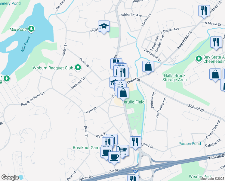 map of restaurants, bars, coffee shops, grocery stores, and more near 86 Elm Street in Woburn
