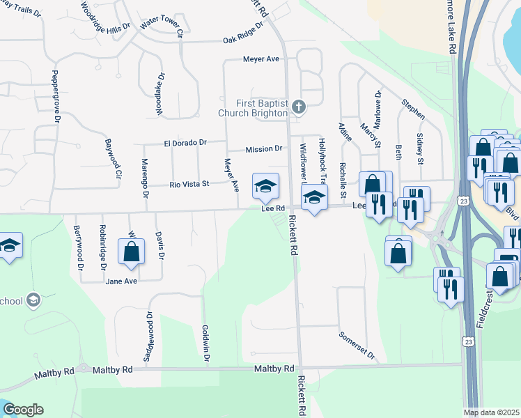 map of restaurants, bars, coffee shops, grocery stores, and more near 8900 Lee Road in Brighton