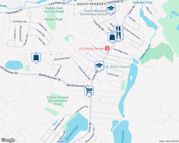 map of restaurants, bars, coffee shops, grocery stores, and more near 8 Greenwood Road in Peabody
