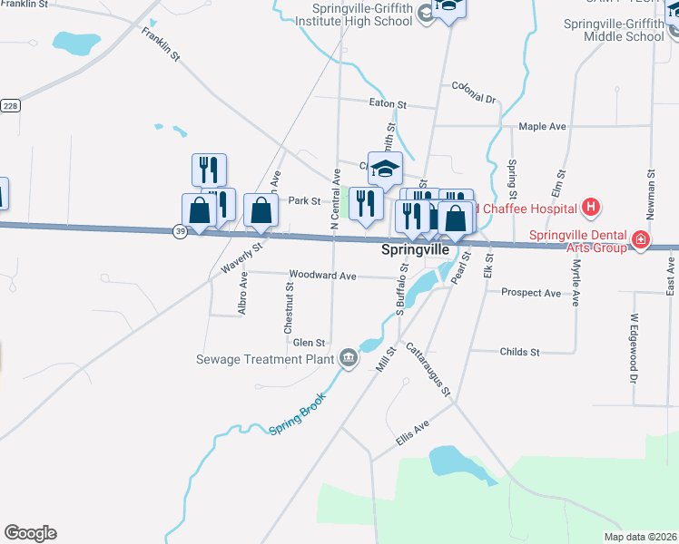 map of restaurants, bars, coffee shops, grocery stores, and more near 68 Woodward Avenue in Springville
