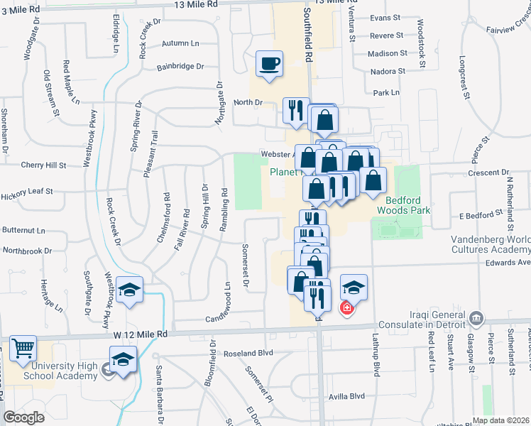 map of restaurants, bars, coffee shops, grocery stores, and more near 18351 Winterset Drive in Southfield