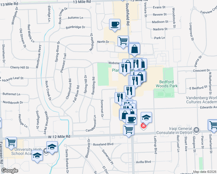 map of restaurants, bars, coffee shops, grocery stores, and more near 18351 Winterset Drive in Southfield