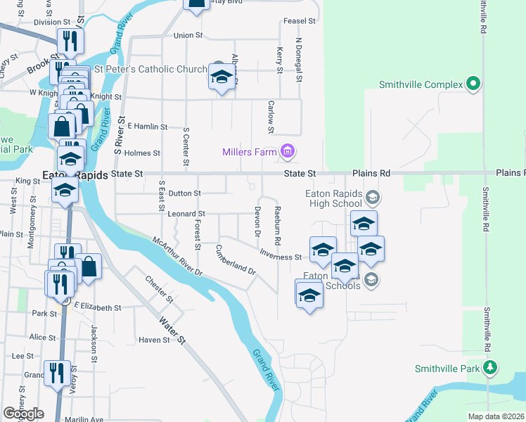 map of restaurants, bars, coffee shops, grocery stores, and more near 602 Devon Drive in Eaton Rapids