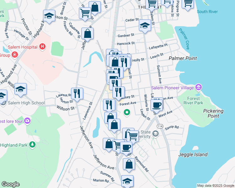 map of restaurants, bars, coffee shops, grocery stores, and more near 201 Canal Street in Salem