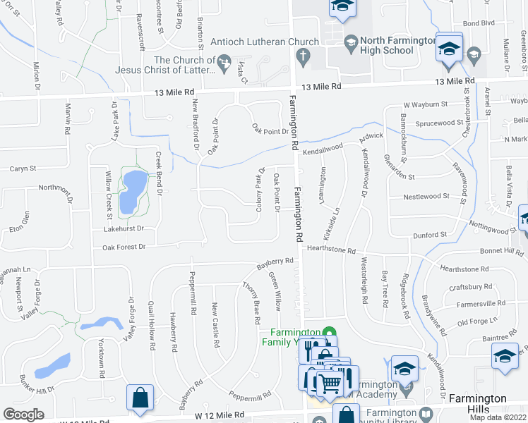map of restaurants, bars, coffee shops, grocery stores, and more near 33629 Colony Park Drive in Farmington Hills