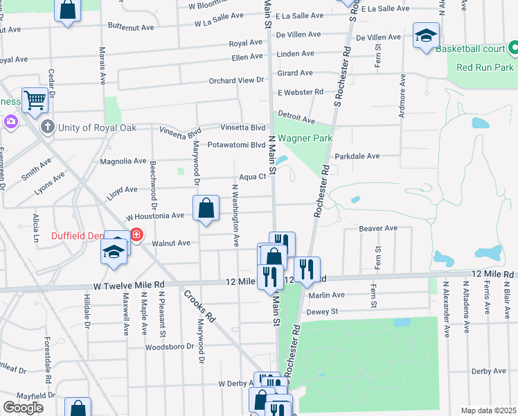map of restaurants, bars, coffee shops, grocery stores, and more near 122 West Houstonia Avenue in Royal Oak