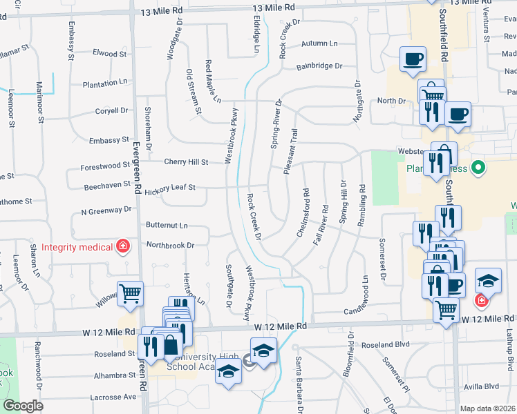 map of restaurants, bars, coffee shops, grocery stores, and more near 29659 Rock Creek Drive in Southfield