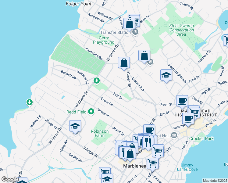 map of restaurants, bars, coffee shops, grocery stores, and more near 71 Roosevelt Avenue in Marblehead