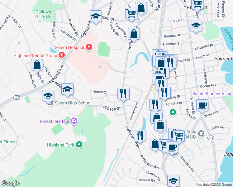 map of restaurants, bars, coffee shops, grocery stores, and more near 2 Laurent Road in Salem