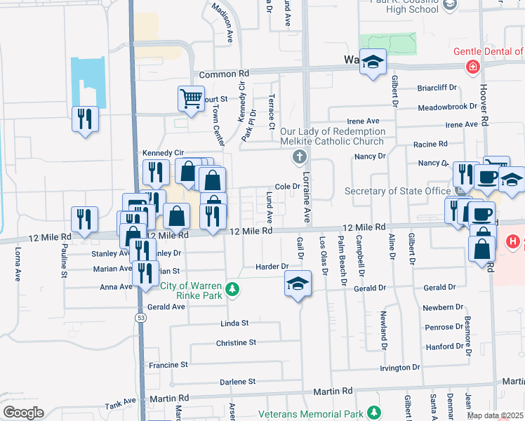 map of restaurants, bars, coffee shops, grocery stores, and more near 29277 Lund Avenue in Warren