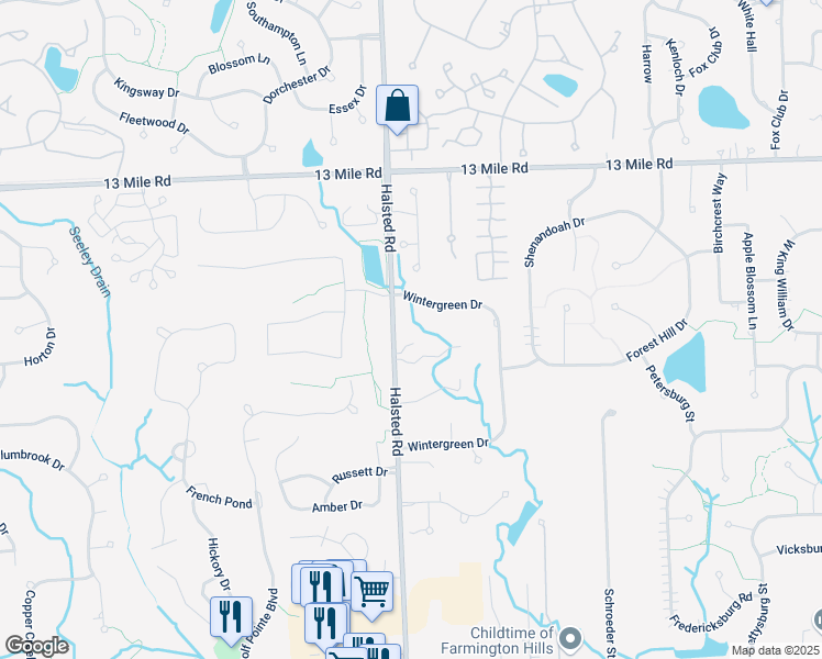 map of restaurants, bars, coffee shops, grocery stores, and more near 29124 Wintergreen in Farmington