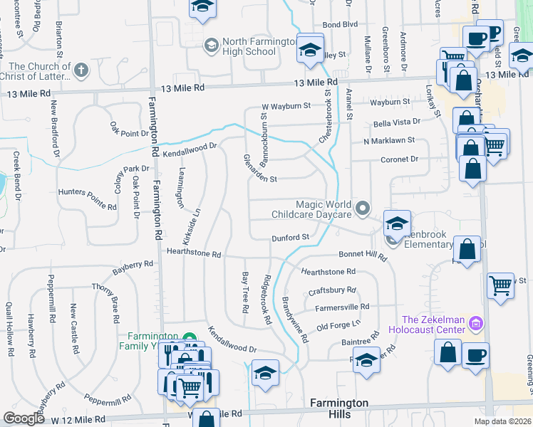 map of restaurants, bars, coffee shops, grocery stores, and more near 32459 Nottingwood Street in Farmington Hills
