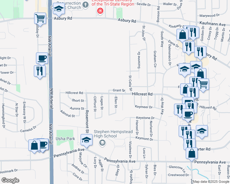 map of restaurants, bars, coffee shops, grocery stores, and more near 2071 Ellen Street in Dubuque