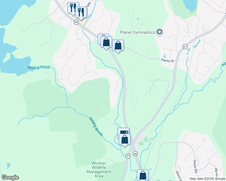 map of restaurants, bars, coffee shops, grocery stores, and more near 380a Great Road in Acton