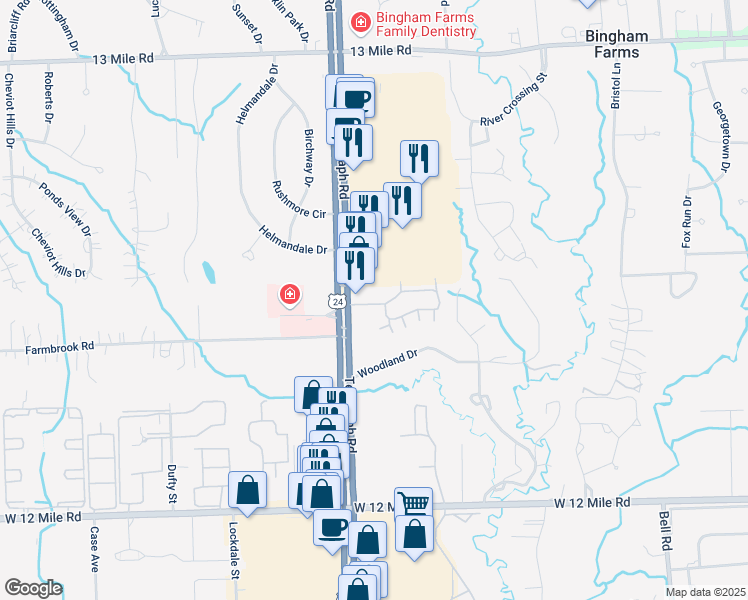map of restaurants, bars, coffee shops, grocery stores, and more near 24205 Wildbrook Court in Southfield