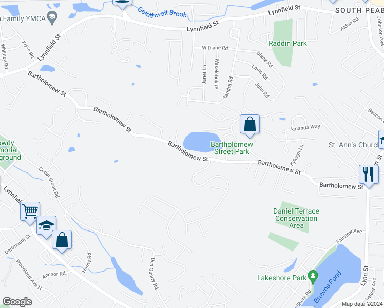 map of restaurants, bars, coffee shops, grocery stores, and more near 155 Bartholomew Street in Peabody