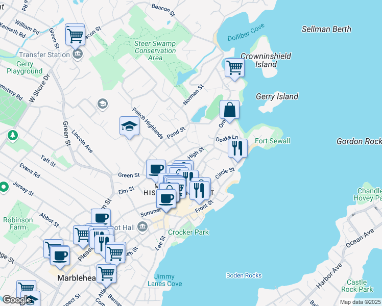 map of restaurants, bars, coffee shops, grocery stores, and more near 41 Washington Street in Marblehead