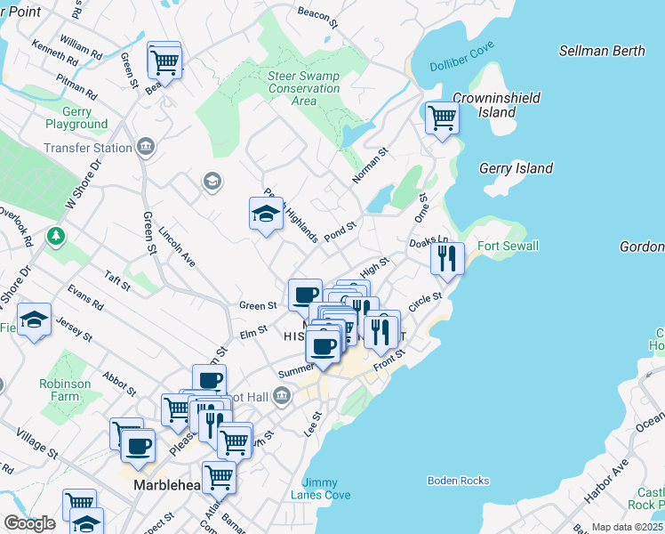 map of restaurants, bars, coffee shops, grocery stores, and more near 27 Pearl Street in Marblehead