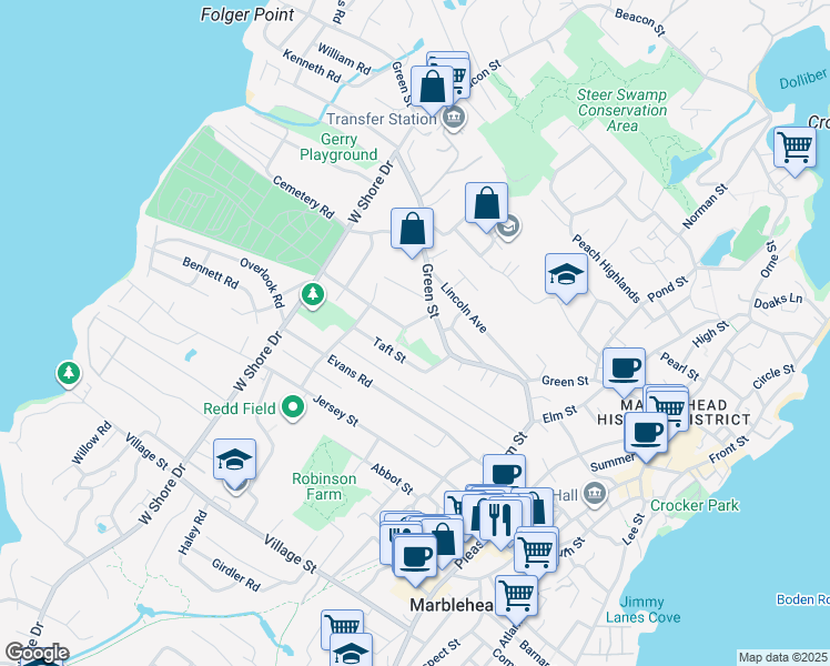 map of restaurants, bars, coffee shops, grocery stores, and more near 15 Taft Street in Marblehead