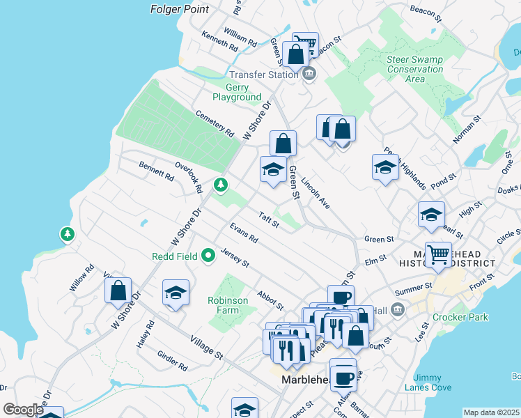 map of restaurants, bars, coffee shops, grocery stores, and more near 71 Roosevelt Avenue in Marblehead
