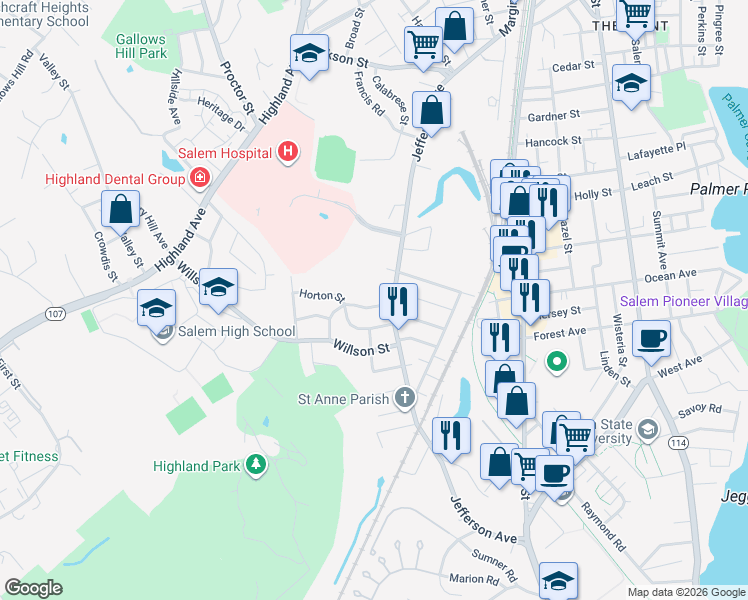 map of restaurants, bars, coffee shops, grocery stores, and more near 236 Jefferson Avenue in Salem