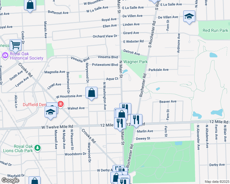 map of restaurants, bars, coffee shops, grocery stores, and more near 215 West Houstonia Avenue in Royal Oak