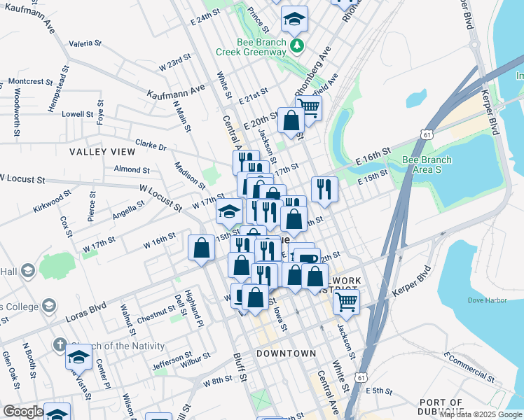 map of restaurants, bars, coffee shops, grocery stores, and more near in Dubuque