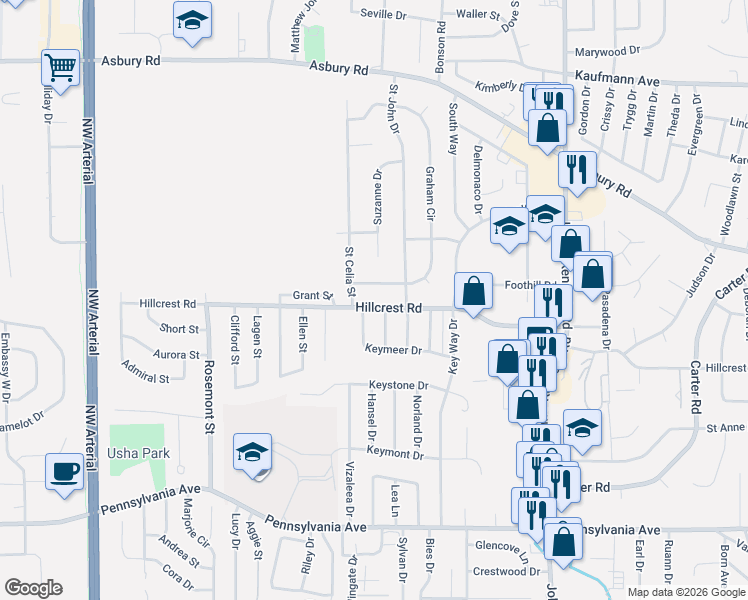 map of restaurants, bars, coffee shops, grocery stores, and more near 3631 Keymeer Drive in Dubuque