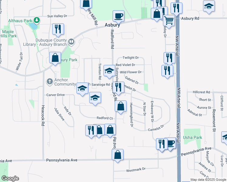 map of restaurants, bars, coffee shops, grocery stores, and more near 1955-1999 Radford Road in Dubuque