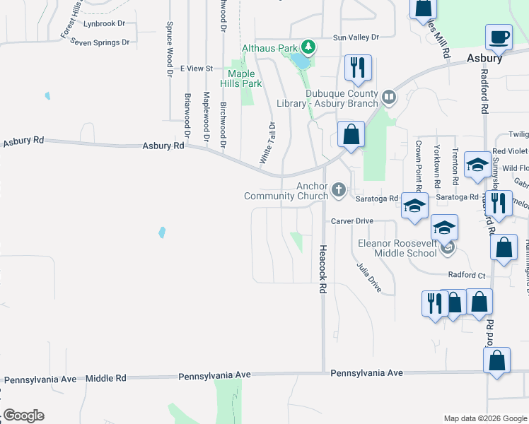map of restaurants, bars, coffee shops, grocery stores, and more near 2267 Jill Drive in Asbury