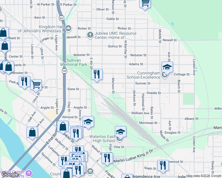 map of restaurants, bars, coffee shops, grocery stores, and more near 210 Oneida Street in Waterloo