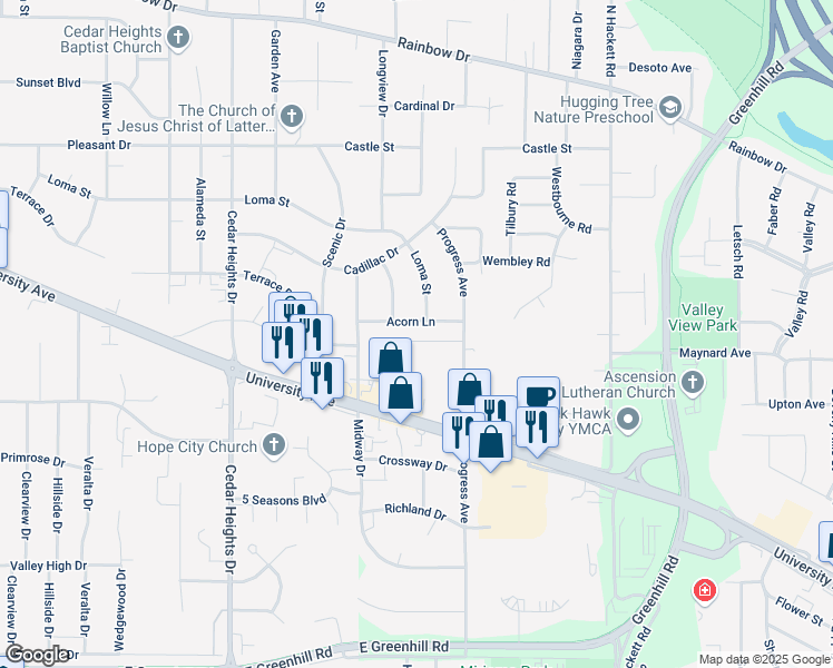 map of restaurants, bars, coffee shops, grocery stores, and more near 3864 Jay Lane in Waterloo