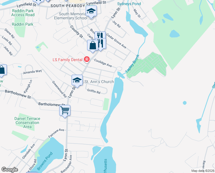 map of restaurants, bars, coffee shops, grocery stores, and more near 35 Griffin Road in Peabody