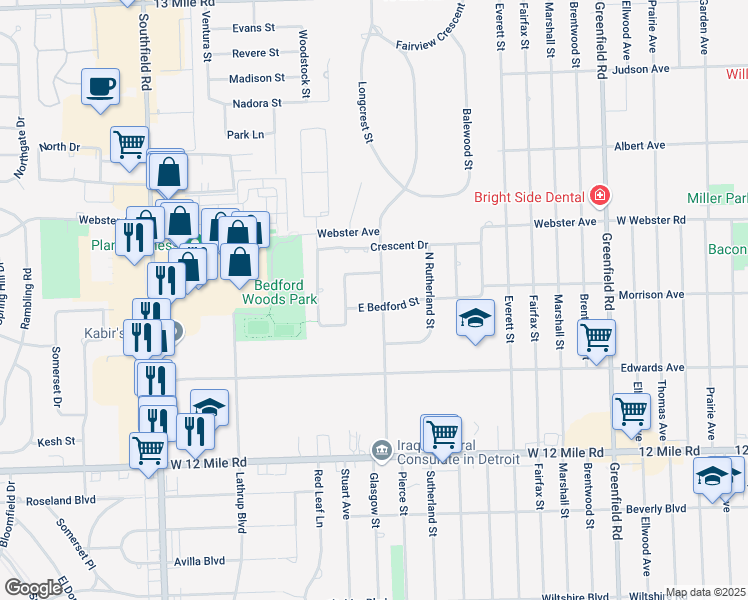 map of restaurants, bars, coffee shops, grocery stores, and more near 17155 Morrison Street in Southfield