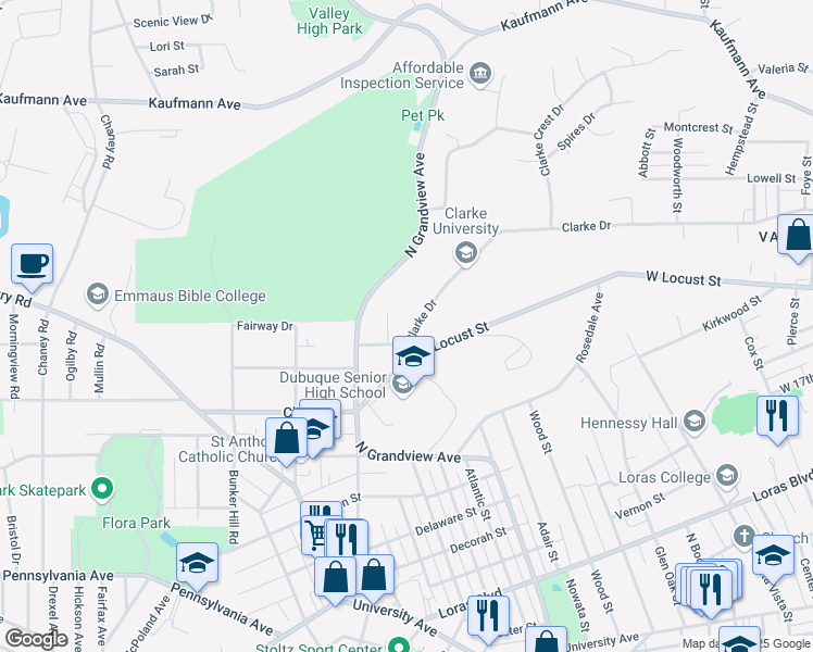 map of restaurants, bars, coffee shops, grocery stores, and more near 1711 Clarke Drive in Dubuque