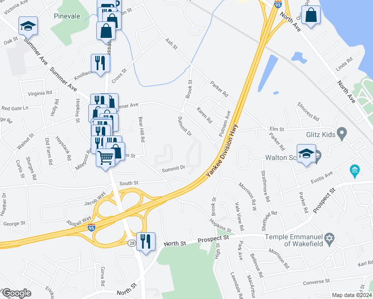 map of restaurants, bars, coffee shops, grocery stores, and more near 2 Summit Drive in Reading