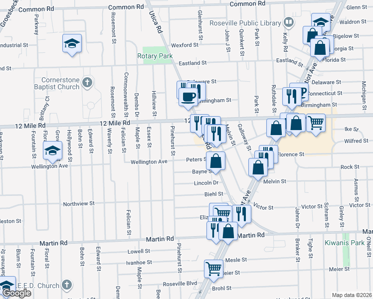 map of restaurants, bars, coffee shops, grocery stores, and more near 17866 Wellworth Street in Roseville