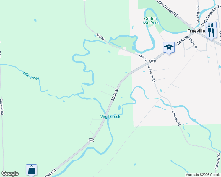 map of restaurants, bars, coffee shops, grocery stores, and more near 2 Cheryl Lane in Freeville