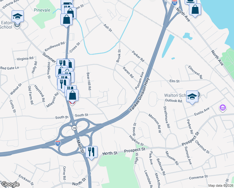 map of restaurants, bars, coffee shops, grocery stores, and more near 3 Summit Drive in Reading
