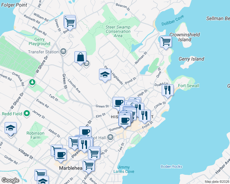 map of restaurants, bars, coffee shops, grocery stores, and more near 108 Farrell Court in Marblehead