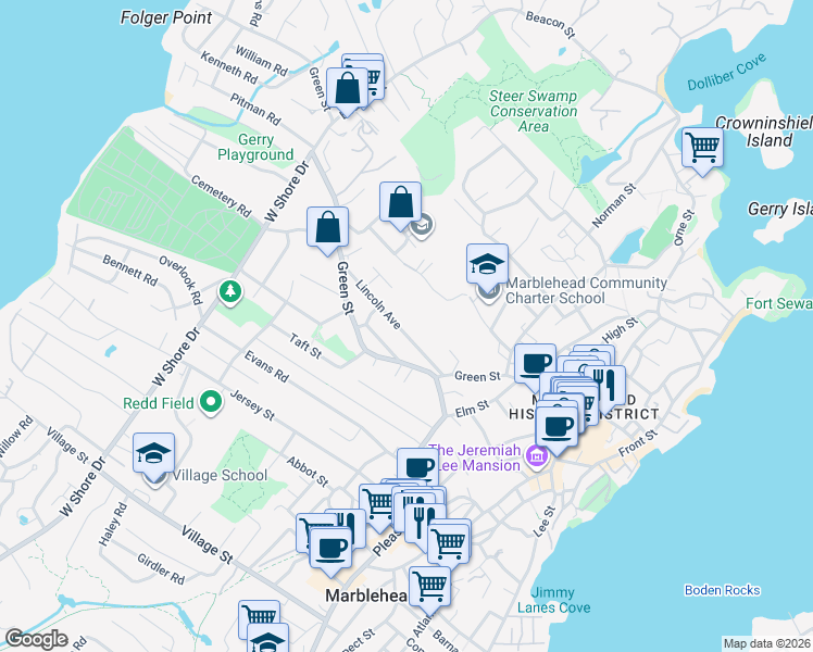 map of restaurants, bars, coffee shops, grocery stores, and more near 31B Lincoln Avenue in Marblehead