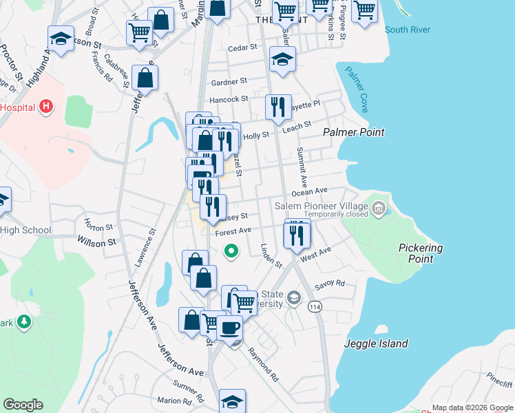 map of restaurants, bars, coffee shops, grocery stores, and more near 29 Linden Street in Salem