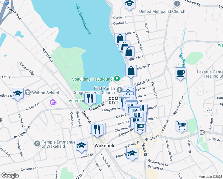 map of restaurants, bars, coffee shops, grocery stores, and more near 54 Spaulding Street in Wakefield