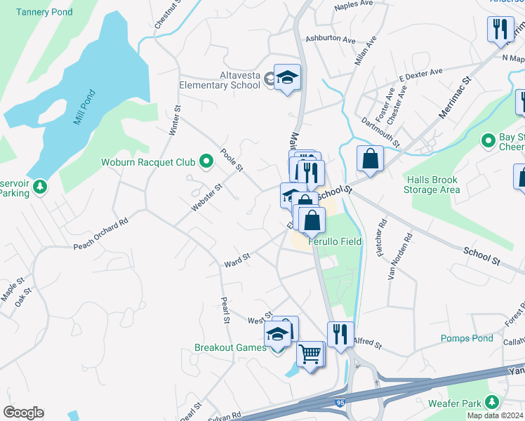 map of restaurants, bars, coffee shops, grocery stores, and more near 22 Nichols Street in Woburn