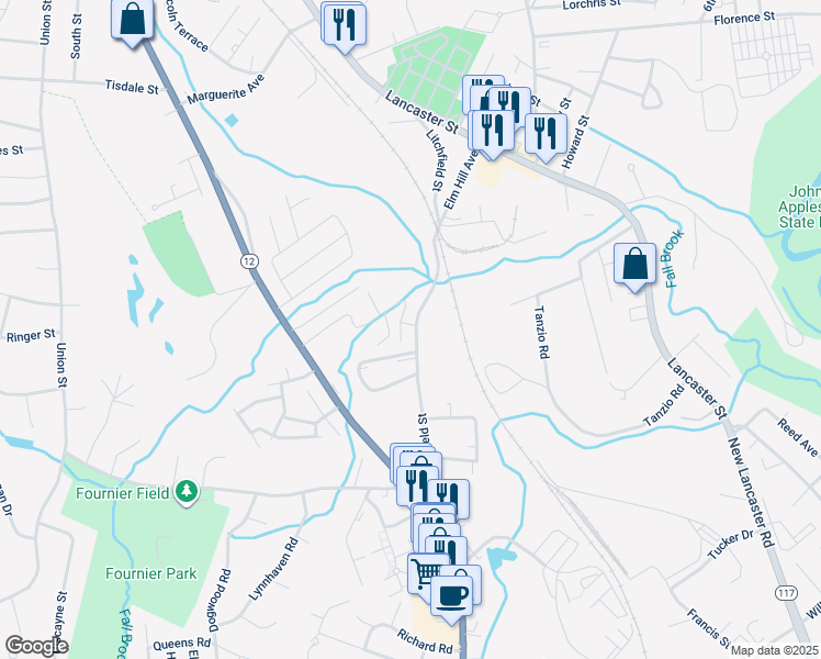 map of restaurants, bars, coffee shops, grocery stores, and more near 193 Litchfield Street in Leominster